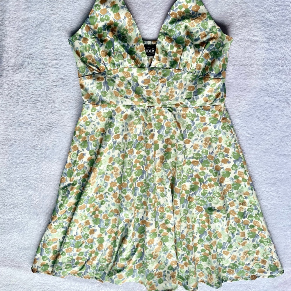 **NWOT** CIDER, (Size S) “Bottomless Mimosas” Green Floral Halter Mini Dress - Picture 6 of 10